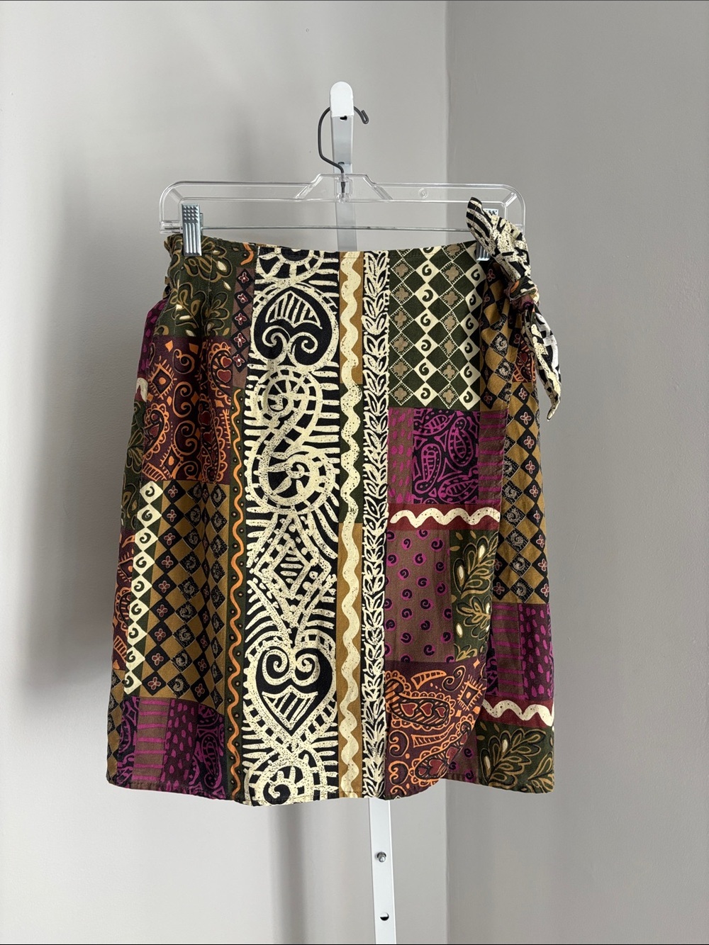 Vintage Boho Tribal Patchwork Print Wrap Skirt Colorful Hippie Festival Size S